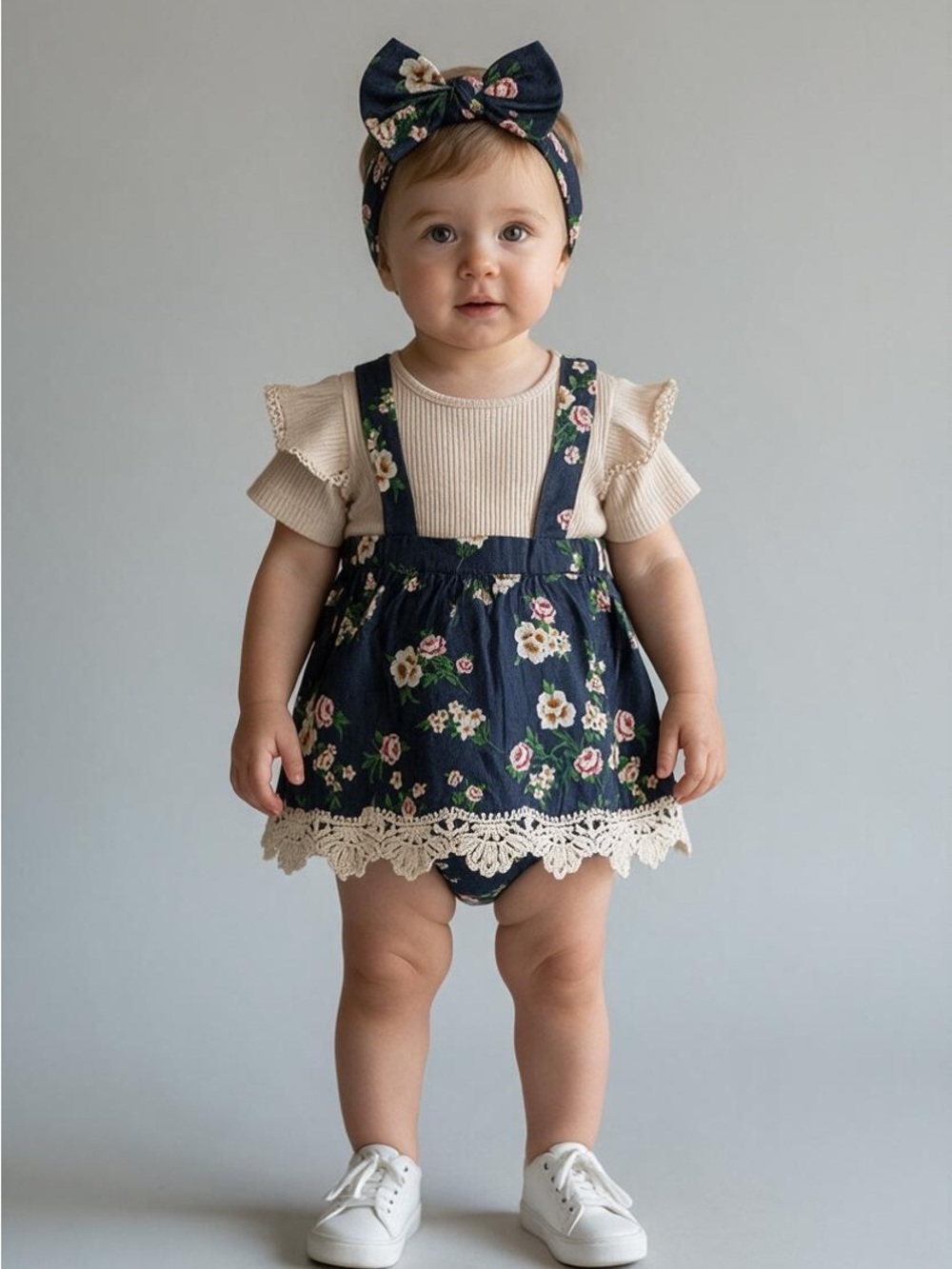 Baby Girls Navy Floral Lace Suspender Romper with Headband